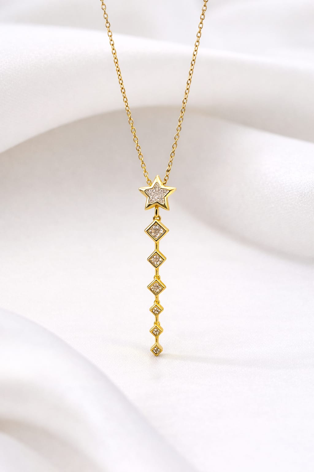 Anti Tarnish Gold Star Drop Necklace with American Diamond | Dainty Vertical Pendant Chain for Women