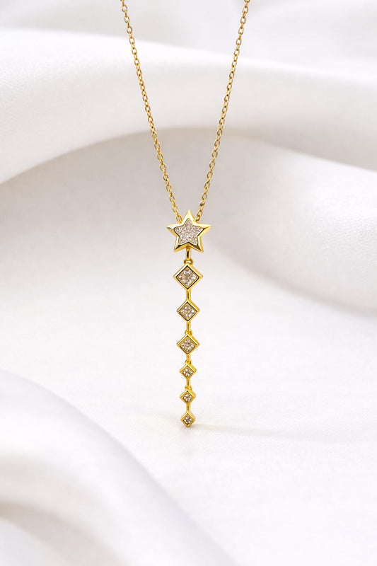 Anti Tarnish Gold Star Drop Necklace with American Diamond | Dainty Vertical Pendant Chain for Women