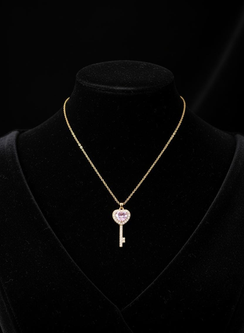 Anti Tarnish Gold Heart Key Pendant Necklace with Pink Stone & American Diamonds | Cute Dainty Chain for Women