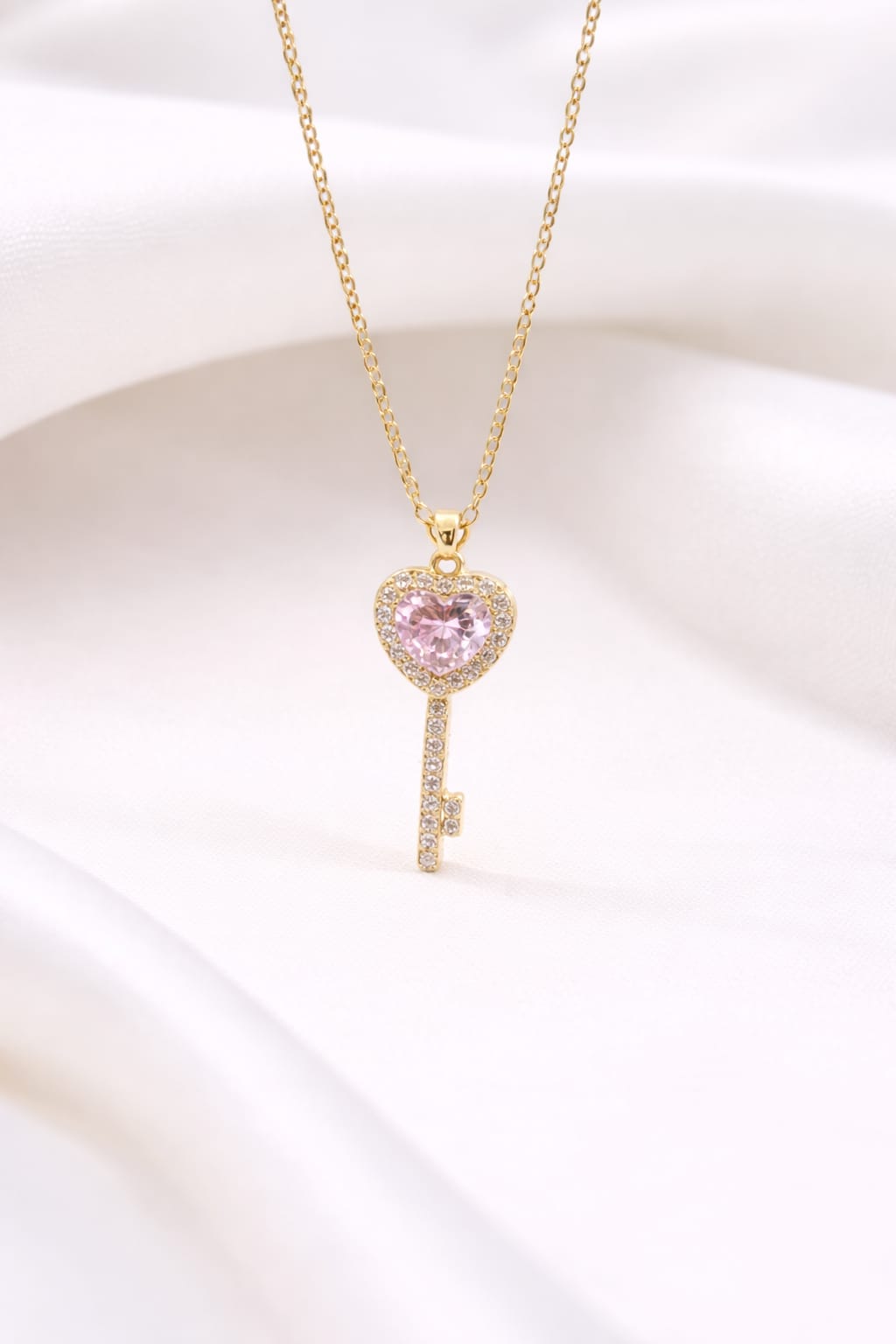 Anti Tarnish Gold Heart Key Pendant Necklace with Pink Stone & American Diamonds | Cute Dainty Chain for Women