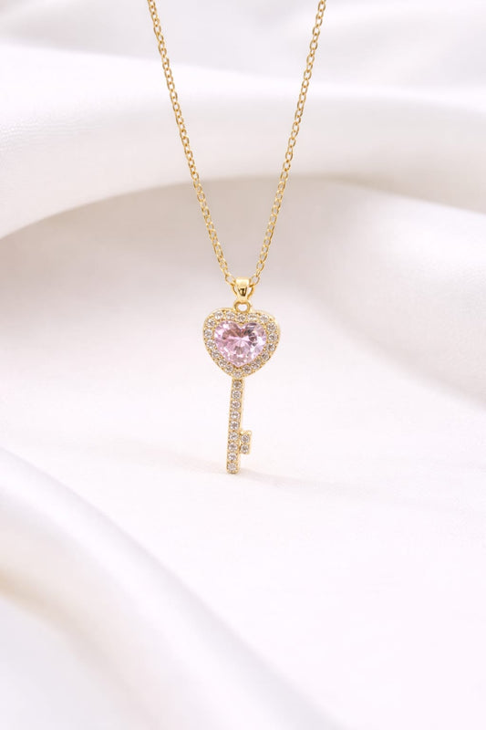 Anti Tarnish Gold Heart Key Pendant Necklace with Pink Stone & American Diamonds | Cute Dainty Chain for Women