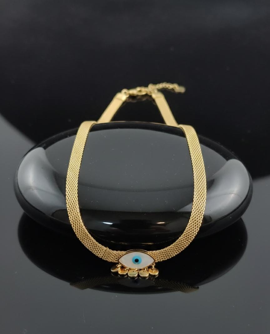 Anti Tarnish Gold Evil Eye Mesh Necklace with Coin Drops | Statement Protection Necklace for Women