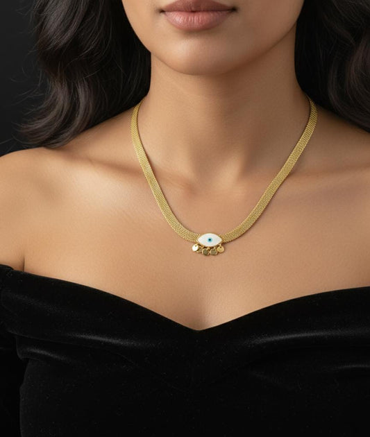 Anti Tarnish Gold Evil Eye Mesh Necklace with Coin Drops | Statement Protection Necklace for Women