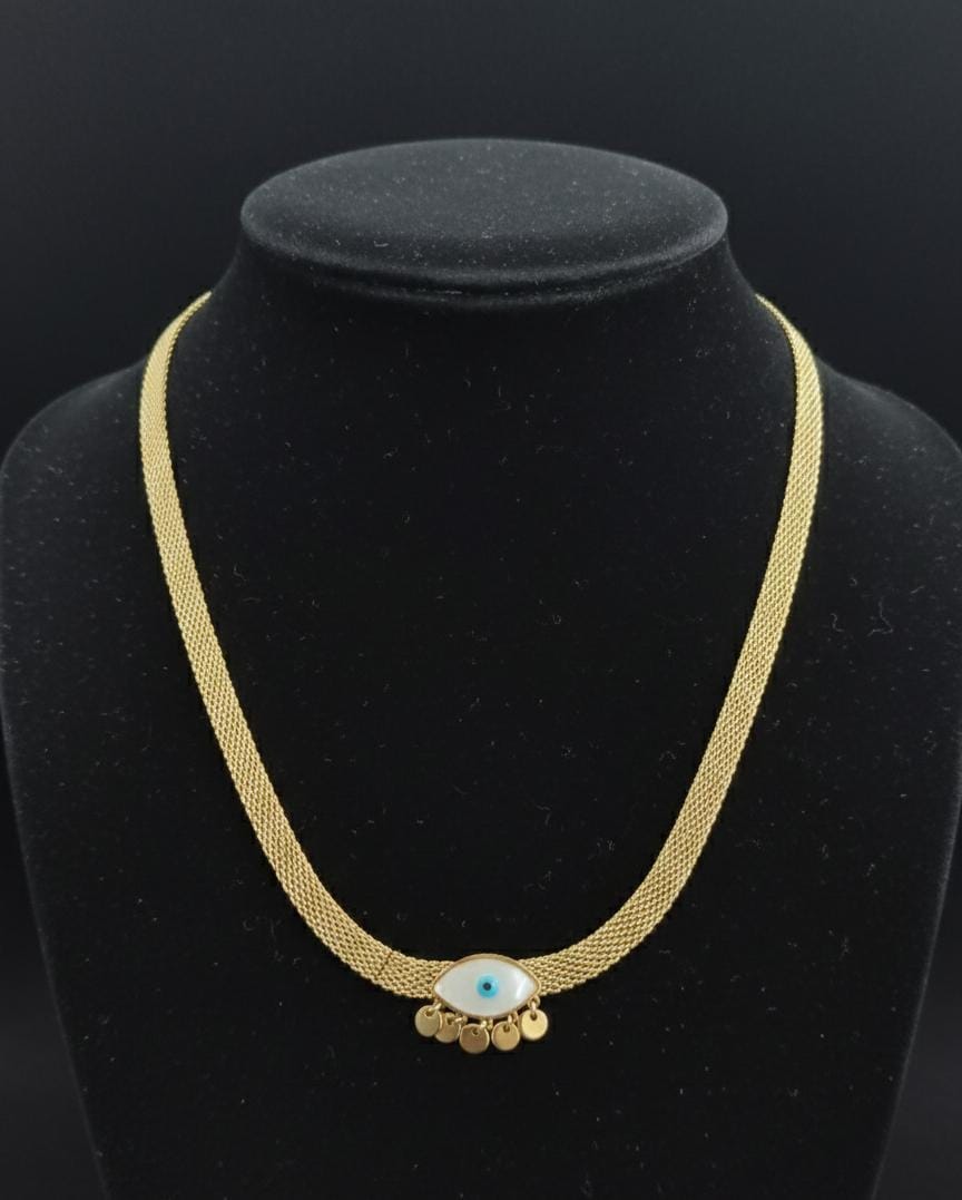 Anti Tarnish Gold Evil Eye Mesh Necklace with Coin Drops | Statement Protection Necklace for Women