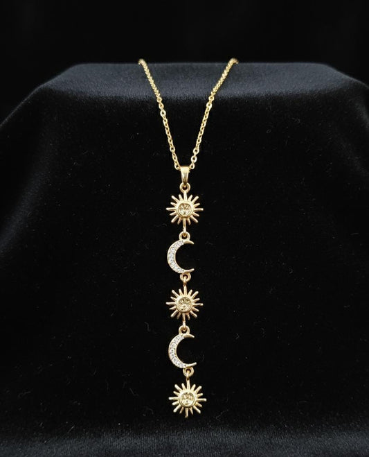 Anti Tarnish Gold Celestial Sun & Moon Drop Necklace with American Diamonds | Dainty Vertical Pendant for Women