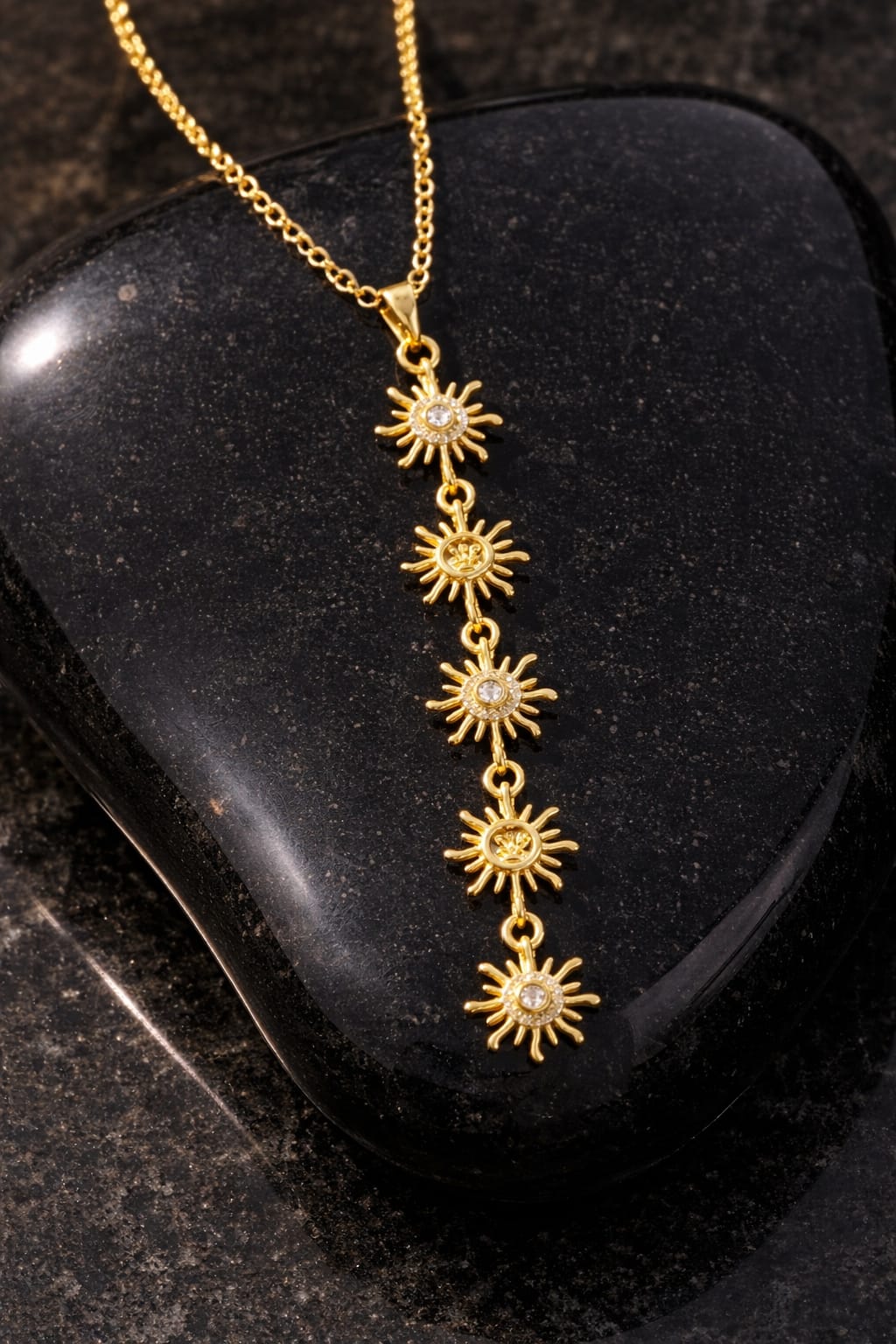 Anti Tarnish Gold Multi Sun Drop Necklace with American Diamonds | Celestial Vertical Pendant Chain for Women