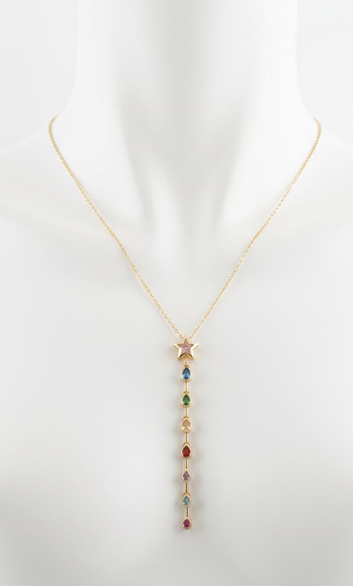 Anti Tarnish Gold Rainbow Stone Star Drop Necklace | Multicolor Vertical Pendant Chain for Women