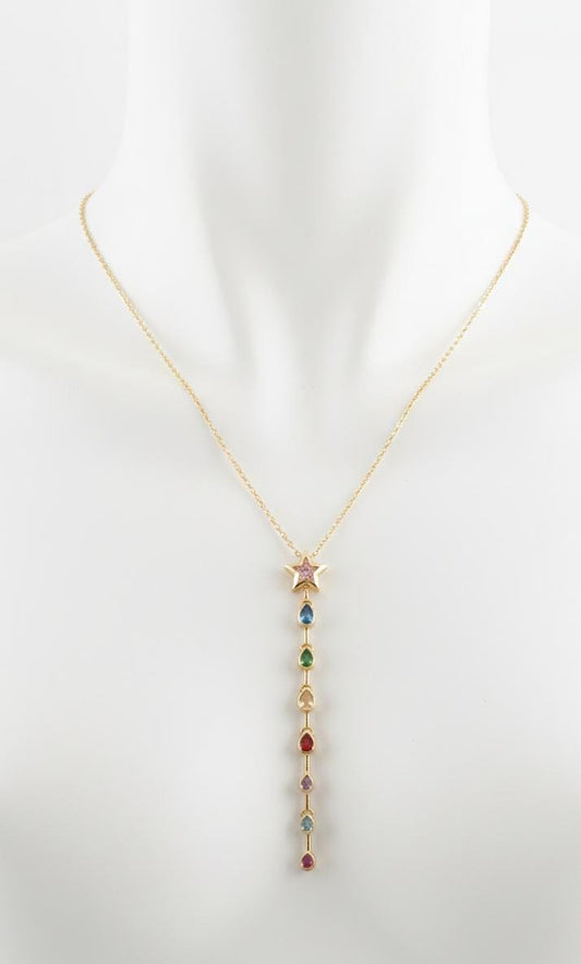 Anti Tarnish Gold Rainbow Stone Star Drop Necklace | Multicolor Vertical Pendant Chain for Women