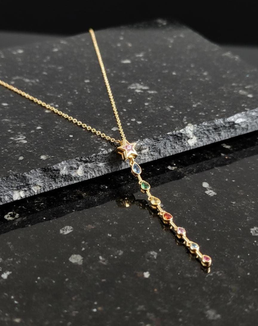 Anti Tarnish Gold Rainbow Stone Star Drop Necklace | Multicolor Vertical Pendant Chain for Women