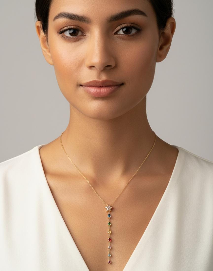 Anti Tarnish Gold Rainbow Stone Star Drop Necklace | Multicolor Vertical Pendant Chain for Women