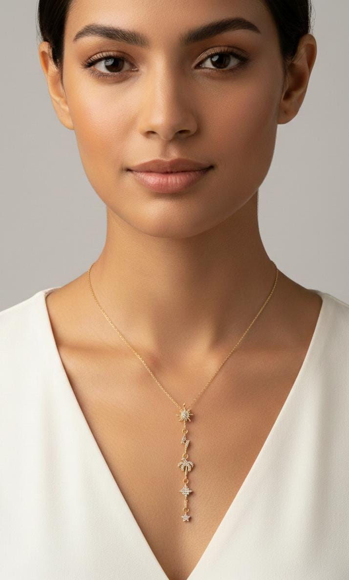 Anti Tarnish Gold Charm Drop Necklace with Sun, Lightning, Palm & Star | American Diamond Vertical Pendant for Women