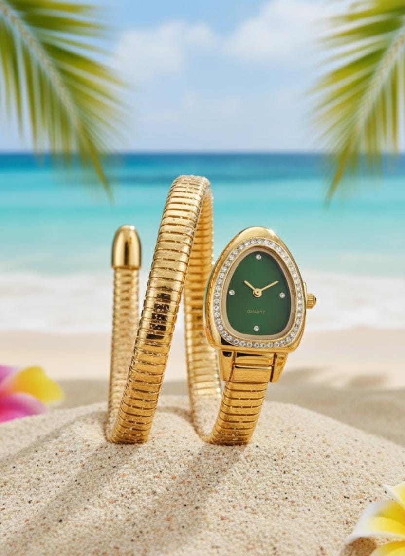 Anti Tarnish Gold Snake Wrap Watch Bracelet with Green Dial | Adjustable Statement Watch for Women