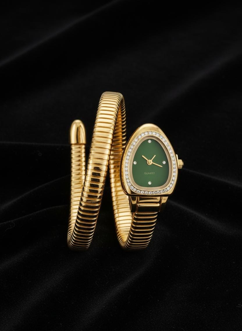 Anti Tarnish Gold Snake Wrap Watch Bracelet with Green Dial | Adjustable Statement Watch for Women