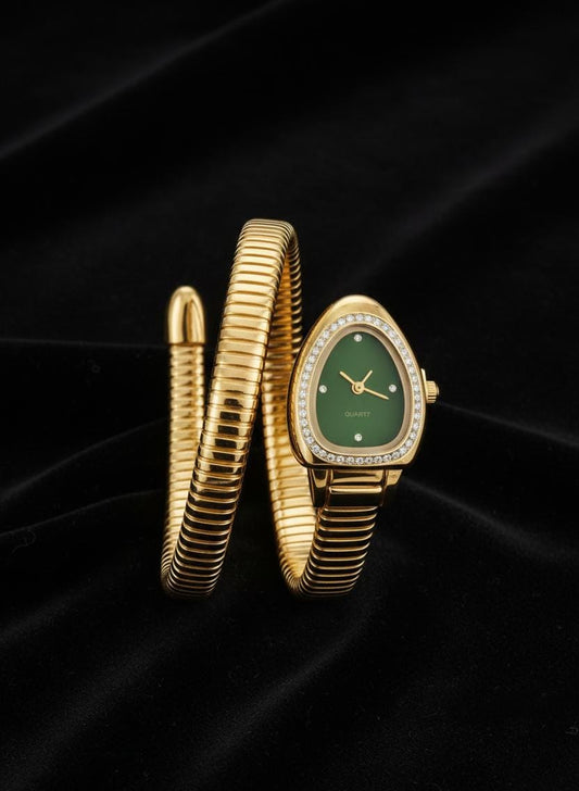 Anti Tarnish Gold Snake Wrap Watch Bracelet with Green Dial | Adjustable Statement Watch for Women