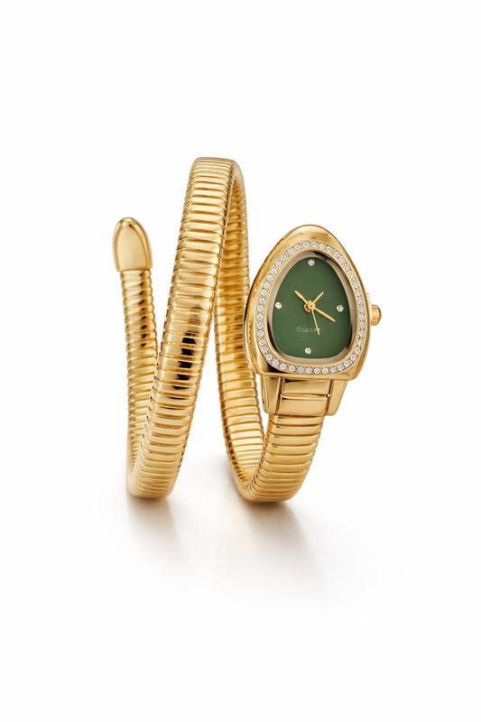 Anti Tarnish Gold Snake Wrap Watch Bracelet with Green Dial | Adjustable Statement Watch for Women