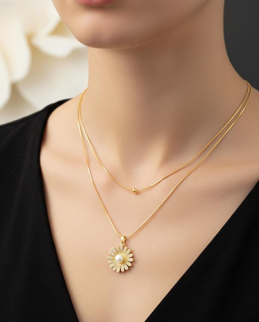 Anti Tarnish Gold Double Layered Daisy Pendant Necklace with Pearl | Minimal Layered Chain for Women