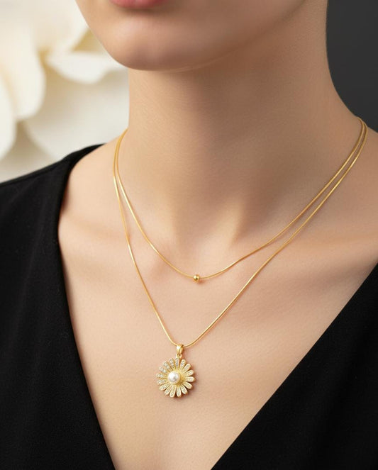 Anti Tarnish Gold Double Layered Daisy Pendant Necklace with Pearl | Minimal Layered Chain for Women