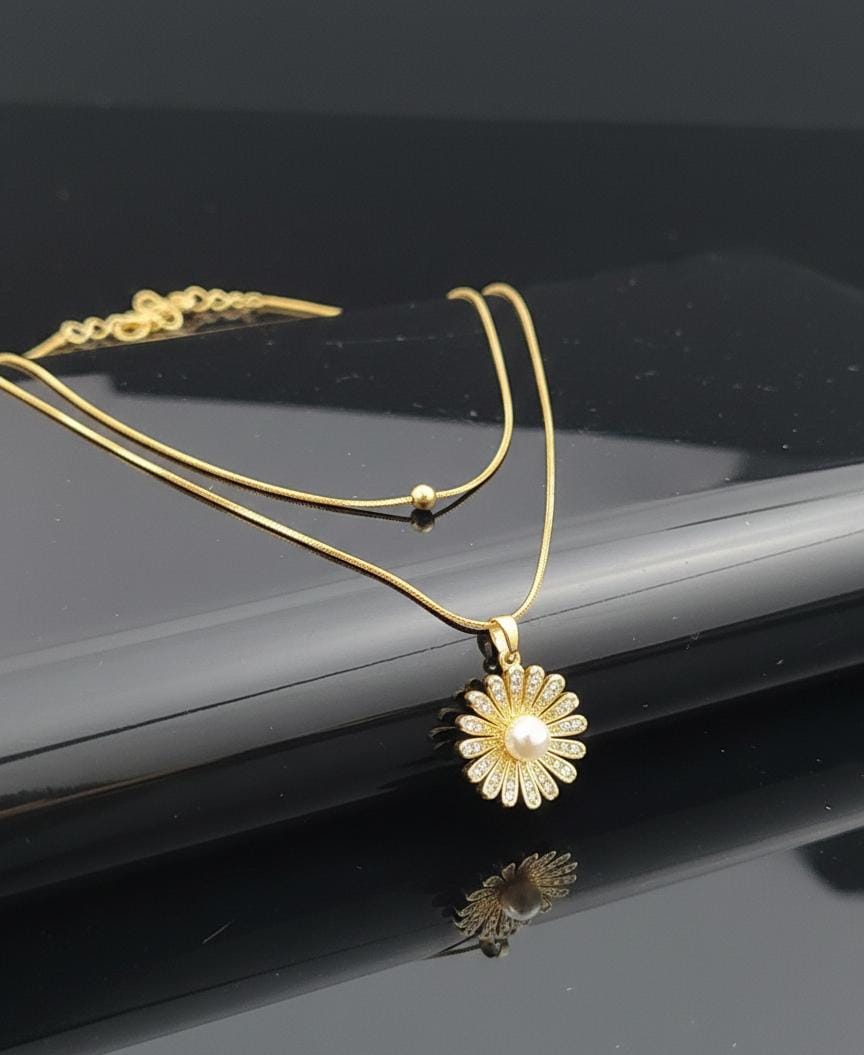 Anti Tarnish Gold Double Layered Daisy Pendant Necklace with Pearl | Minimal Layered Chain for Women