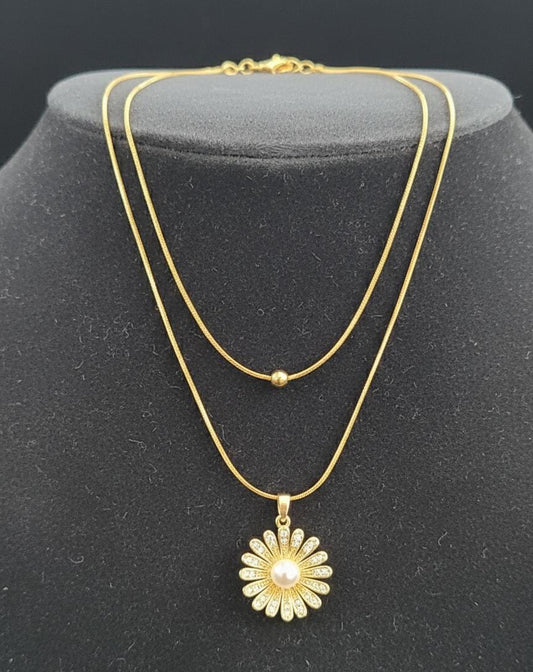 Anti Tarnish Gold Double Layered Daisy Pendant Necklace with Pearl | Minimal Layered Chain for Women