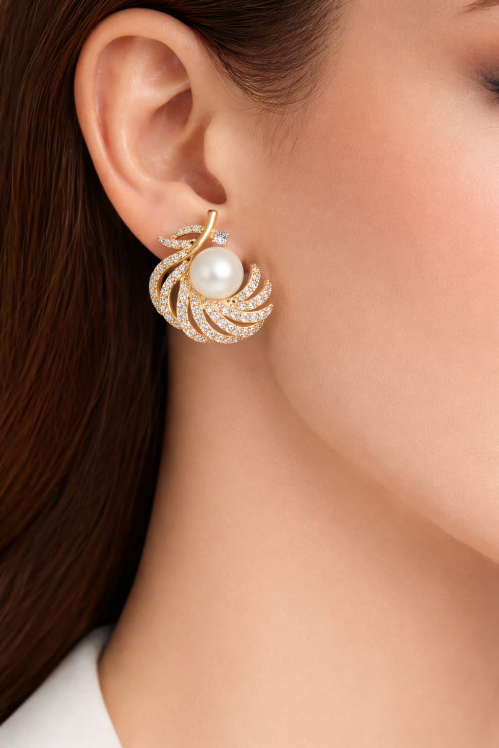 Anti Tarnish Gold Pearl & American Diamond Swirl Stud Earrings | Elegant Party Wear Earrings for Women
