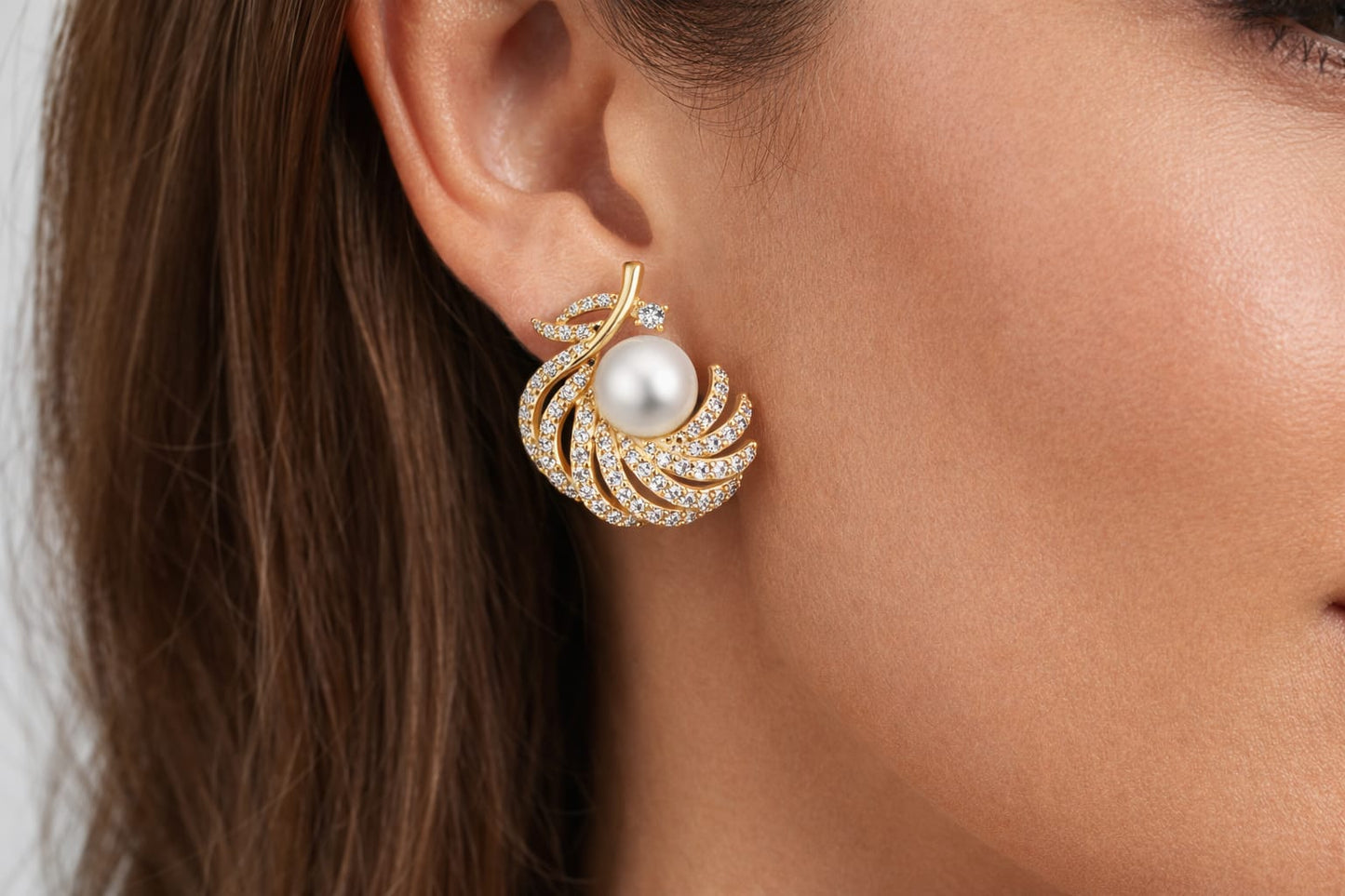 Anti Tarnish Gold Pearl & American Diamond Swirl Stud Earrings | Elegant Party Wear Earrings for Women