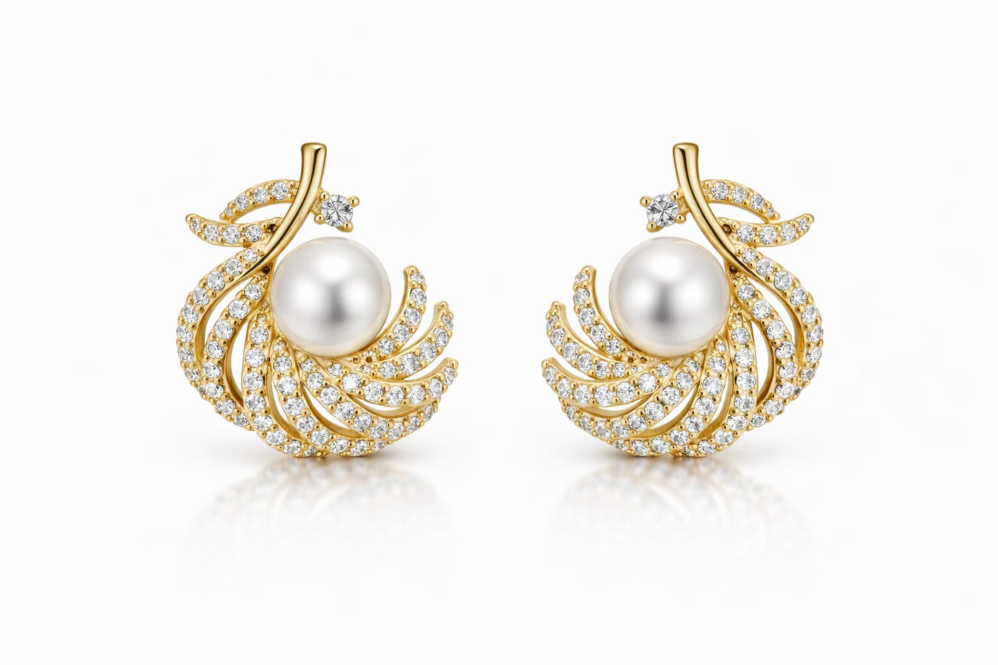 Anti Tarnish Gold Pearl & American Diamond Swirl Stud Earrings | Elegant Party Wear Earrings for Women