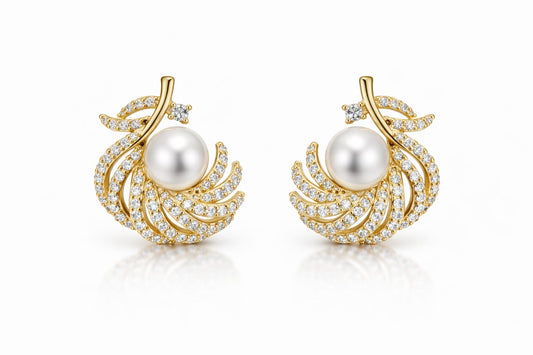 Anti Tarnish Gold Pearl & American Diamond Swirl Stud Earrings | Elegant Party Wear Earrings for Women