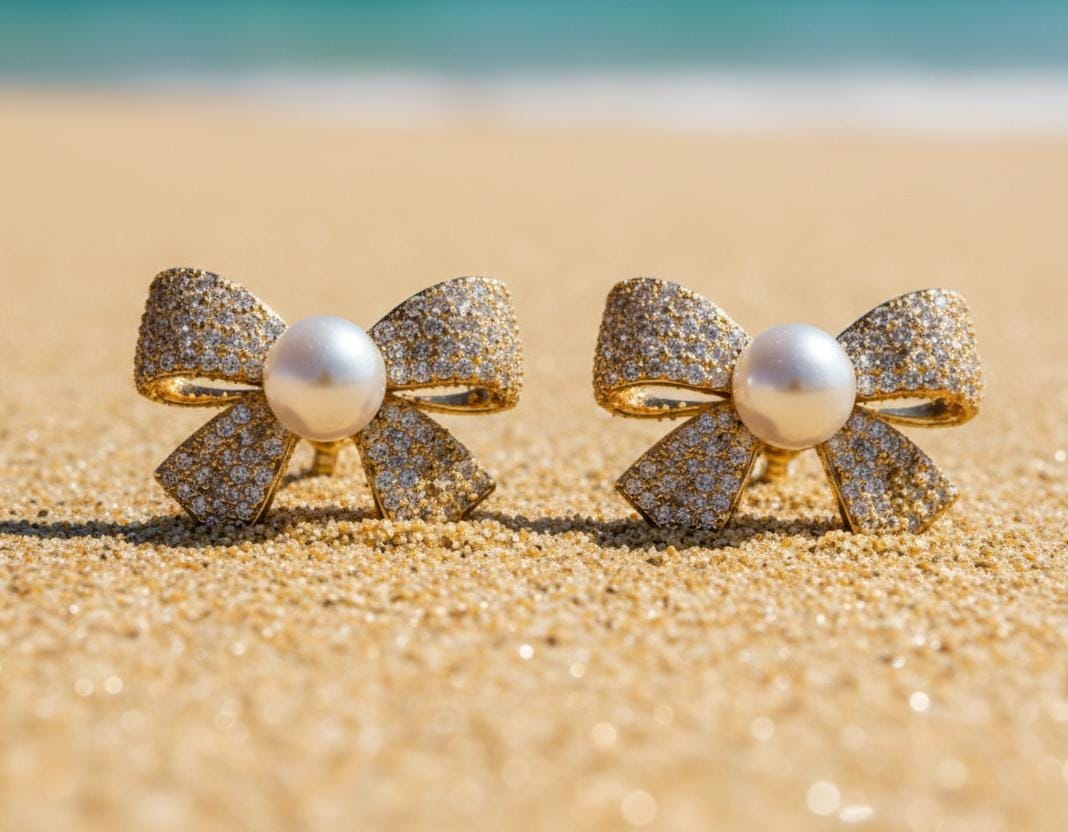 Anti Tarnish Gold Bow Pearl Stud Earrings with American Diamonds