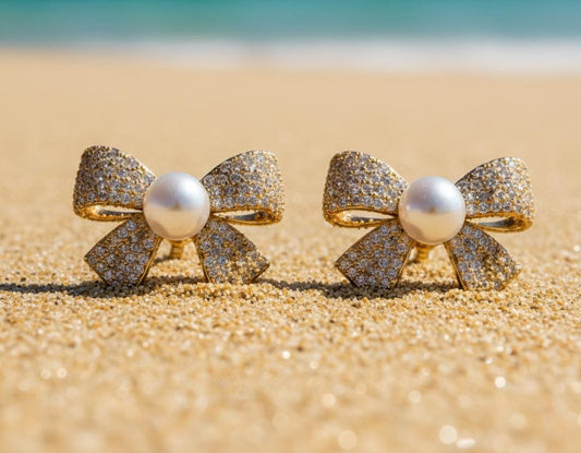 Anti Tarnish Gold Bow Pearl Stud Earrings with American Diamonds