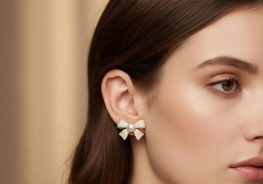 Anti Tarnish Gold Bow Pearl Stud Earrings with American Diamonds