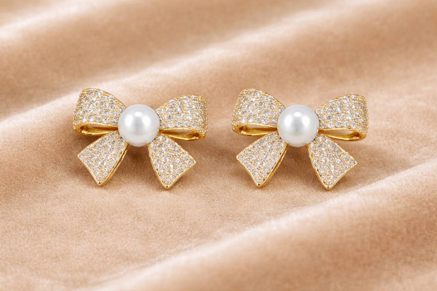 Anti Tarnish Gold Bow Pearl Stud Earrings with American Diamonds