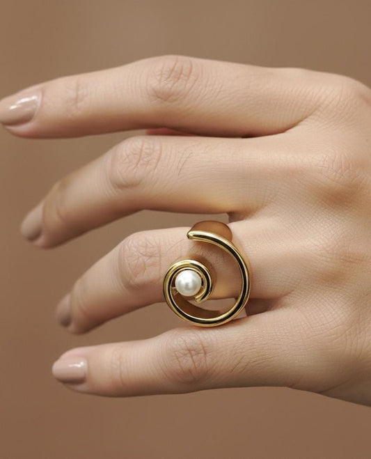 Anti Tarnish Gold Pearl Swirl Ring for Women