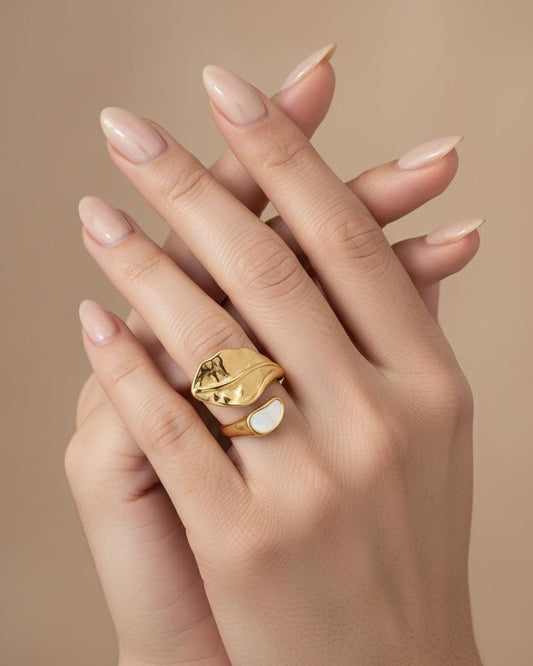 Adjustable Anti Tarnish Gold Leaf Statement Ring for Women