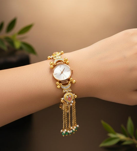 Kundan Meenakari Anti Tarnish Watch Bracelet with Rose Gold Dial, Pearl & Emerald Tassel