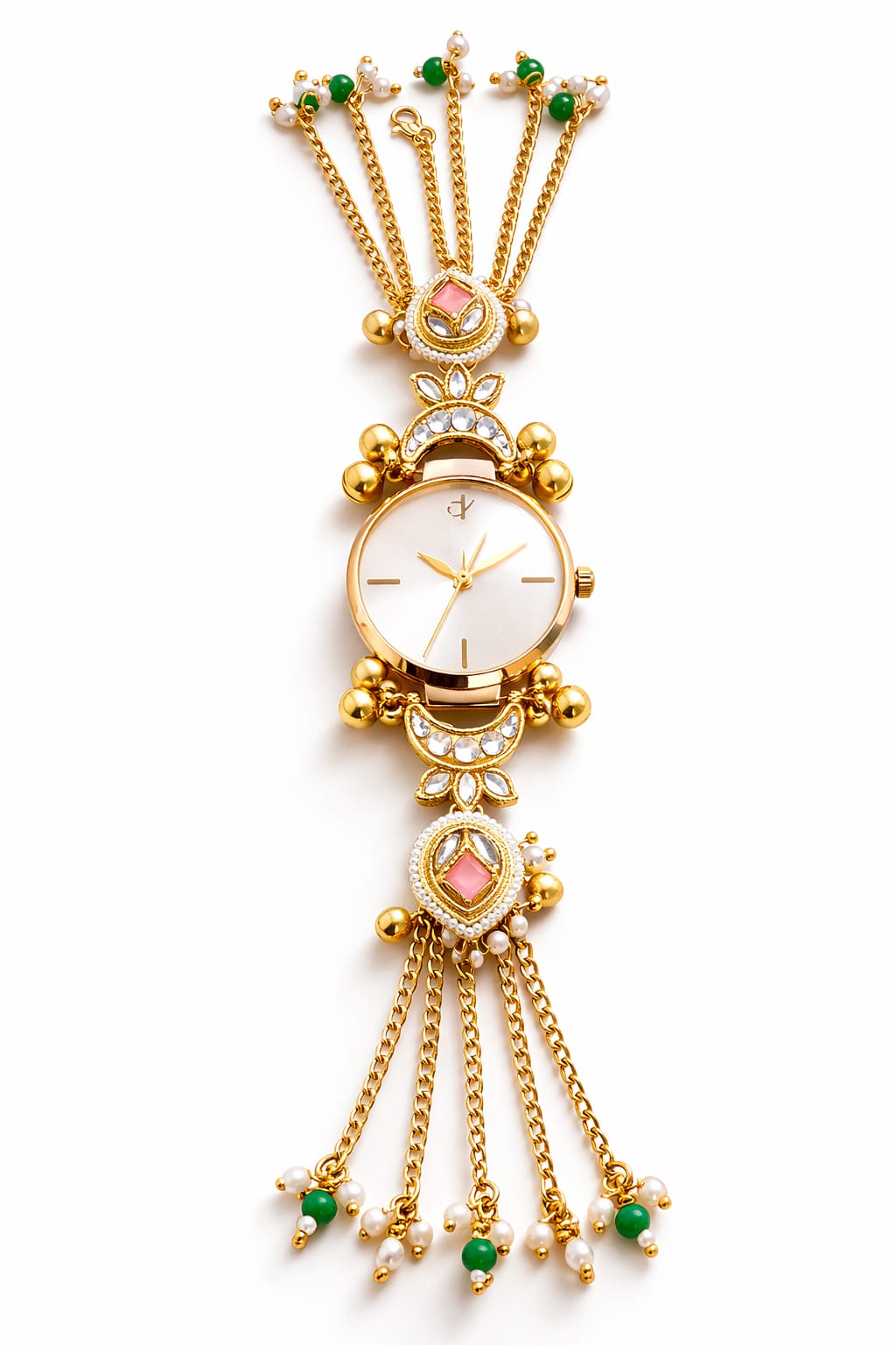 Kundan Meenakari Anti Tarnish Watch Bracelet with Rose Gold Dial, Pearl & Emerald Tassel