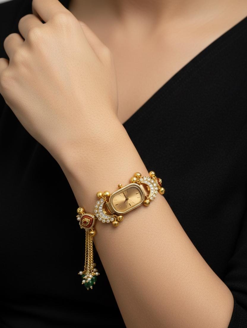 Kundan Meenakari Anti Tarnish Watch Bracelet with Rose Gold Dial, Red Meenakari & Emerald Pearl Tassel