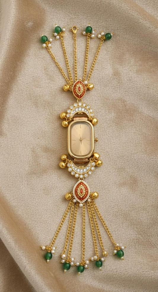 Kundan Meenakari Anti Tarnish Watch Bracelet with Rose Gold Dial, Red Meenakari & Emerald Pearl Tassel