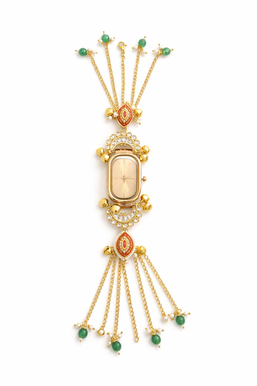 Kundan Meenakari Anti Tarnish Watch Bracelet with Rose Gold Dial, Red Meenakari & Emerald Pearl Tassel