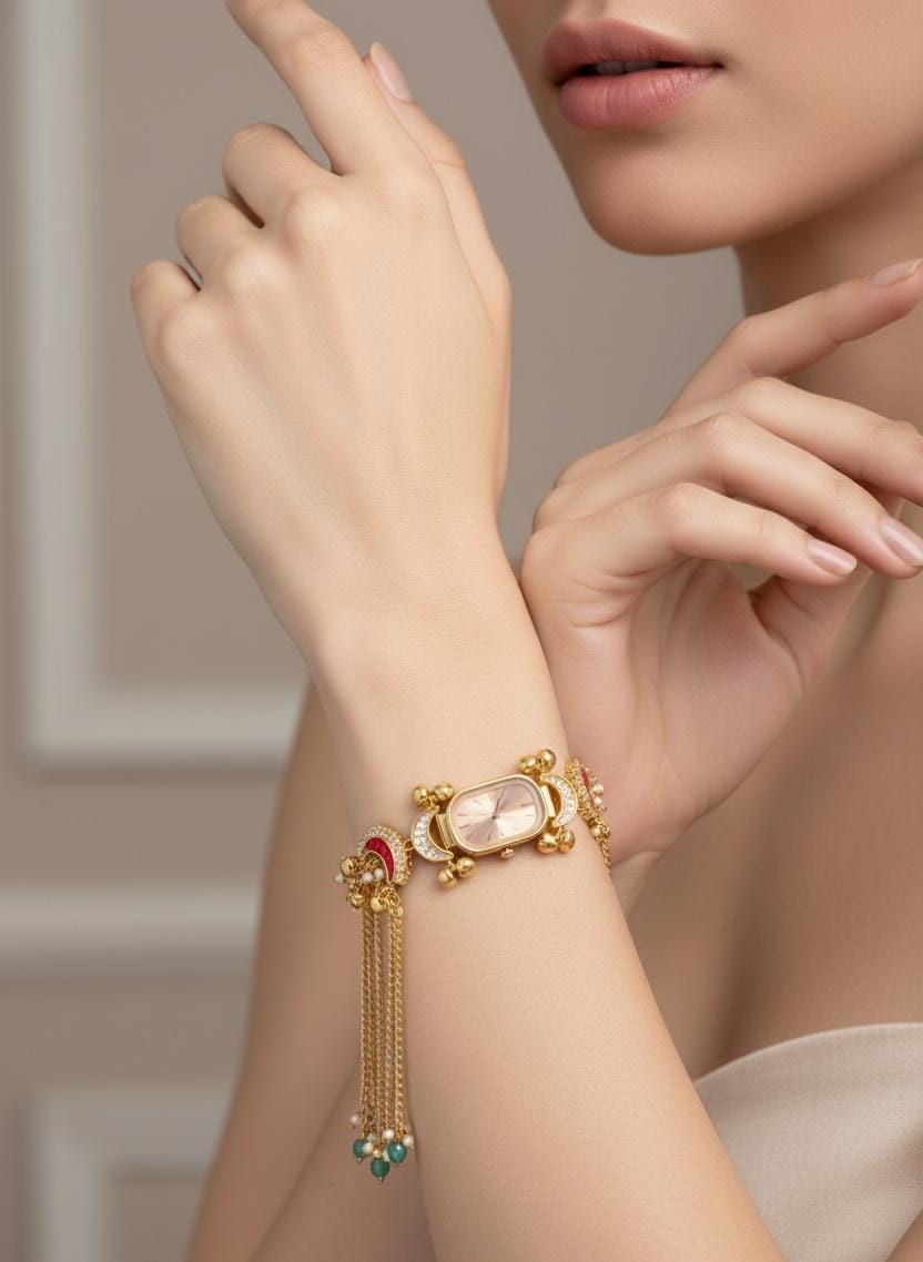 Kundan Meenakari Anti Tarnish Watch Bracelet with Rose Gold Rectangular Dial, Red Crescent Meenakari & Turquoise Pearl Tassel