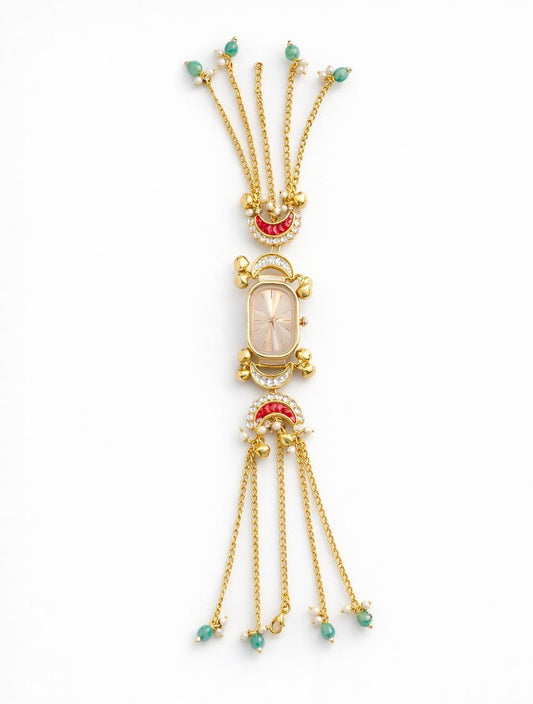 Kundan Meenakari Anti Tarnish Watch Bracelet with Rose Gold Rectangular Dial, Red Crescent Meenakari & Turquoise Pearl Tassel