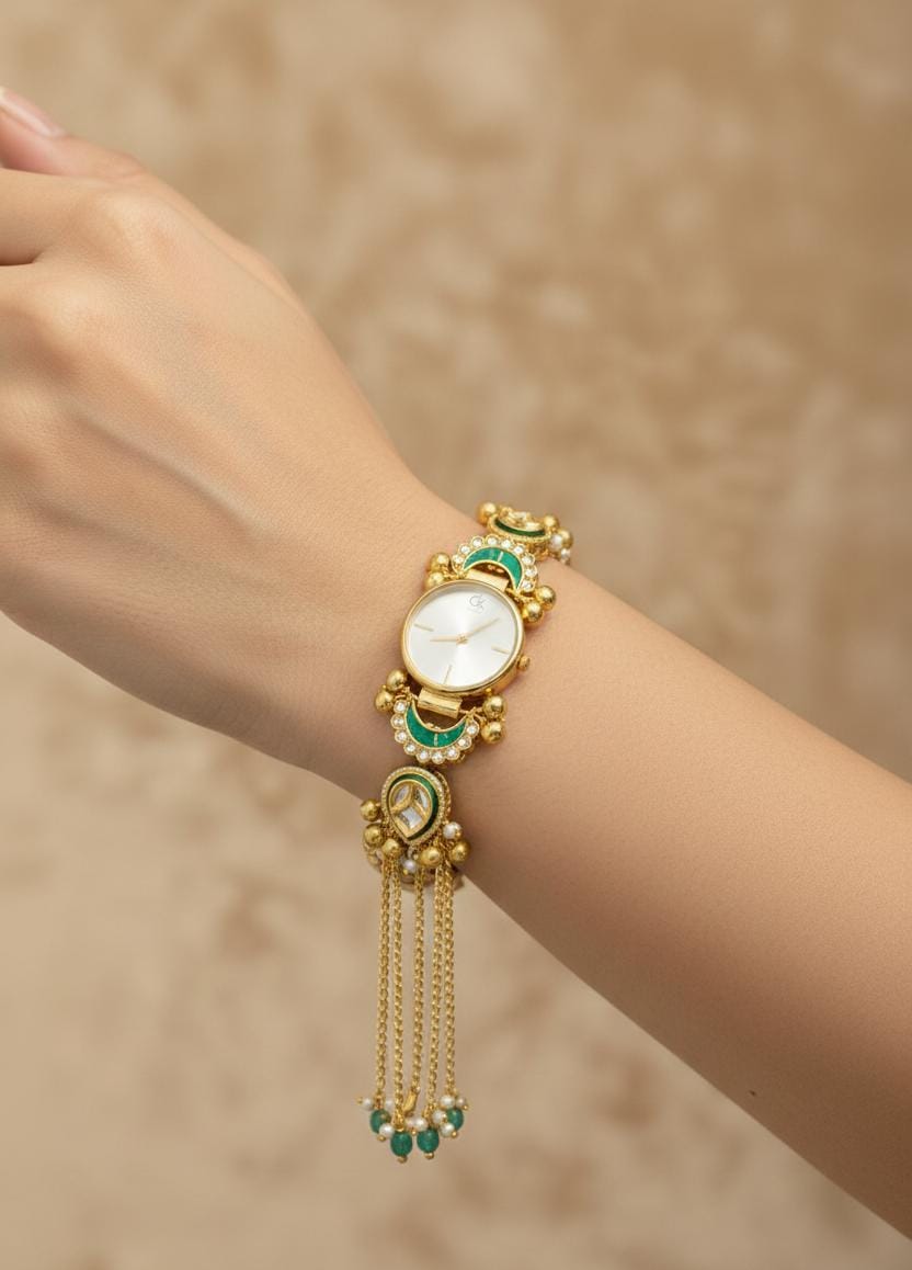 Kundan Meenakari Anti Tarnish Watch Bracelet with White Dial, Green Meenakari Crescent & Emerald Turquoise Pearl Tassel