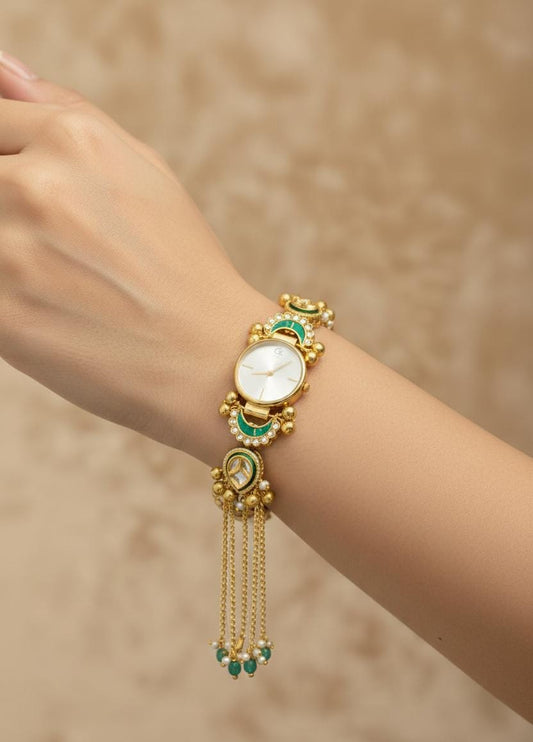 Kundan Meenakari Anti Tarnish Watch Bracelet with White Dial, Green Meenakari Crescent & Emerald Turquoise Pearl Tassel