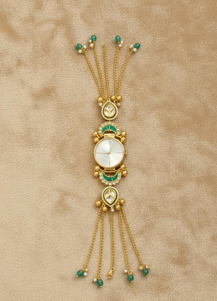 Kundan Meenakari Anti Tarnish Watch Bracelet with White Dial, Green Meenakari Crescent & Emerald Turquoise Pearl Tassel