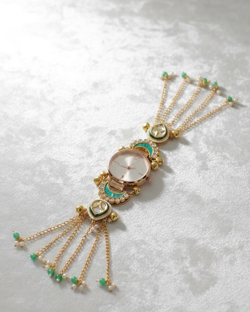 Kundan Meenakari Anti Tarnish Watch Bracelet with White Dial, Green Meenakari Crescent & Emerald Turquoise Pearl Tassel