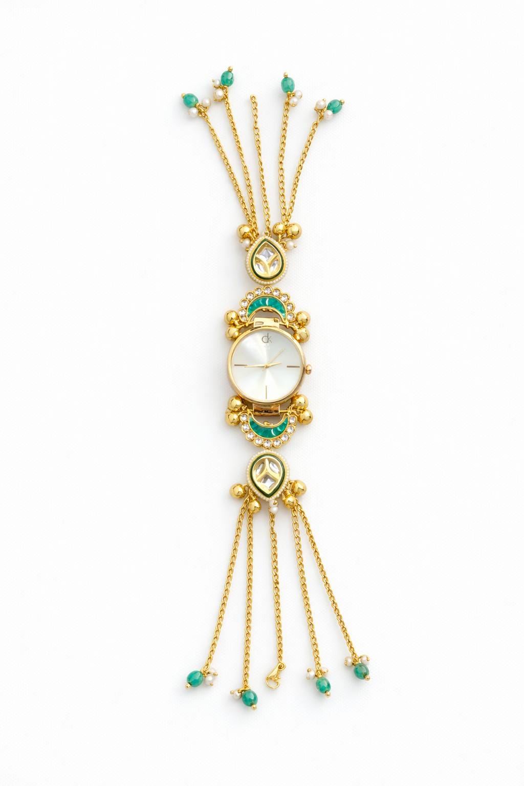 Kundan Meenakari Anti Tarnish Watch Bracelet with White Dial, Green Meenakari Crescent & Emerald Turquoise Pearl Tassel