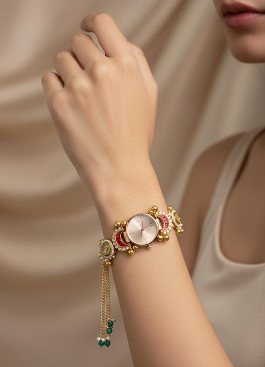 Kundan Meenakari Anti Tarnish Watch Bracelet with Rose Gold Sunburst Dial, Red Crescent, Green Teardrop & Turquoise Pearl Tassel