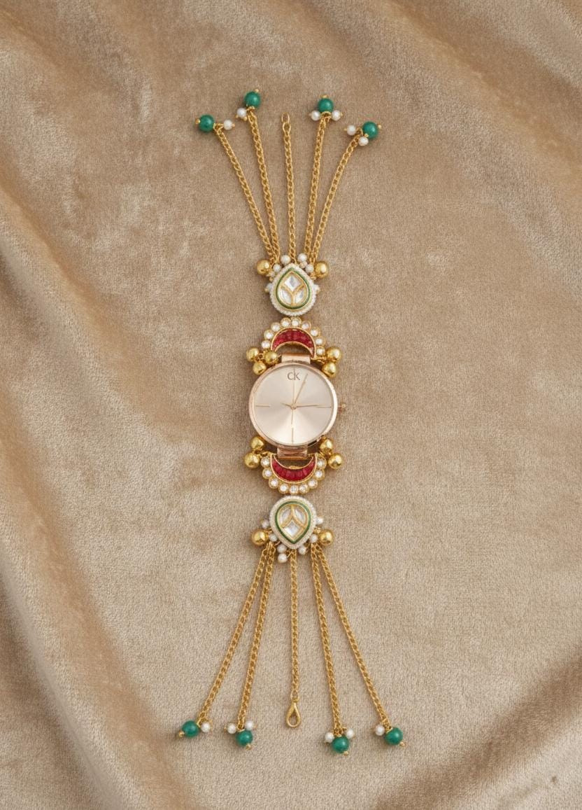 Kundan Meenakari Anti Tarnish Watch Bracelet with Rose Gold Sunburst Dial, Red Crescent, Green Teardrop & Turquoise Pearl Tassel