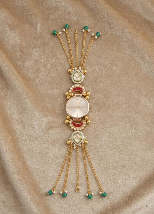 Kundan Meenakari Anti Tarnish Watch Bracelet with Rose Gold Sunburst Dial, Red Crescent, Green Teardrop & Turquoise Pearl Tassel