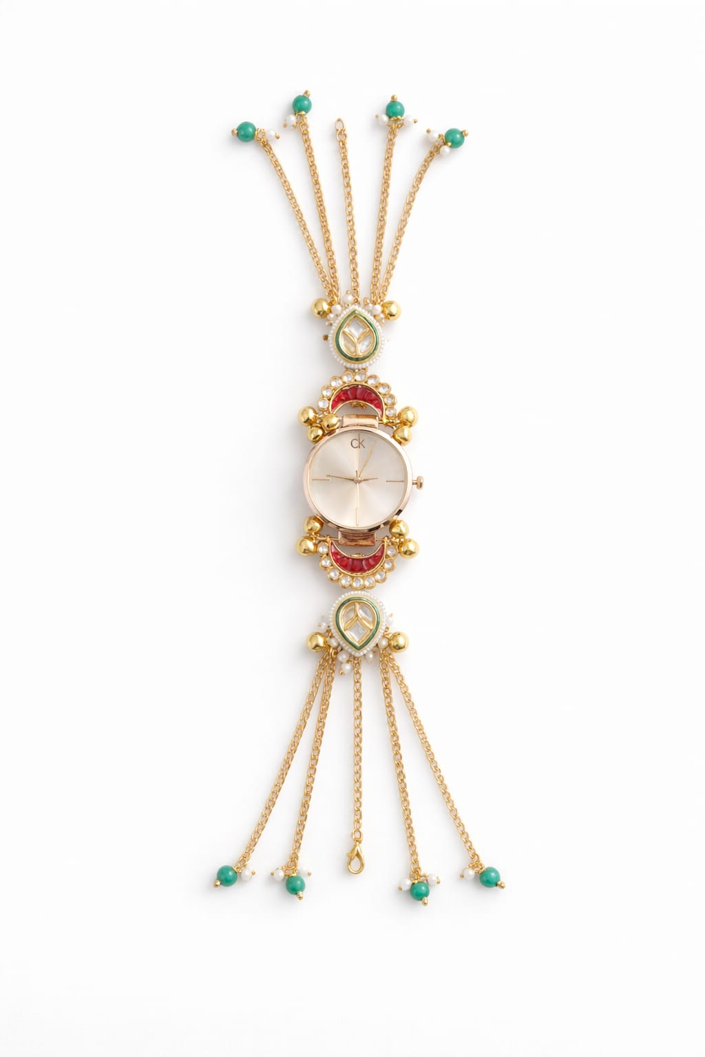 Kundan Meenakari Anti Tarnish Watch Bracelet with Rose Gold Sunburst Dial, Red Crescent, Green Teardrop & Turquoise Pearl Tassel