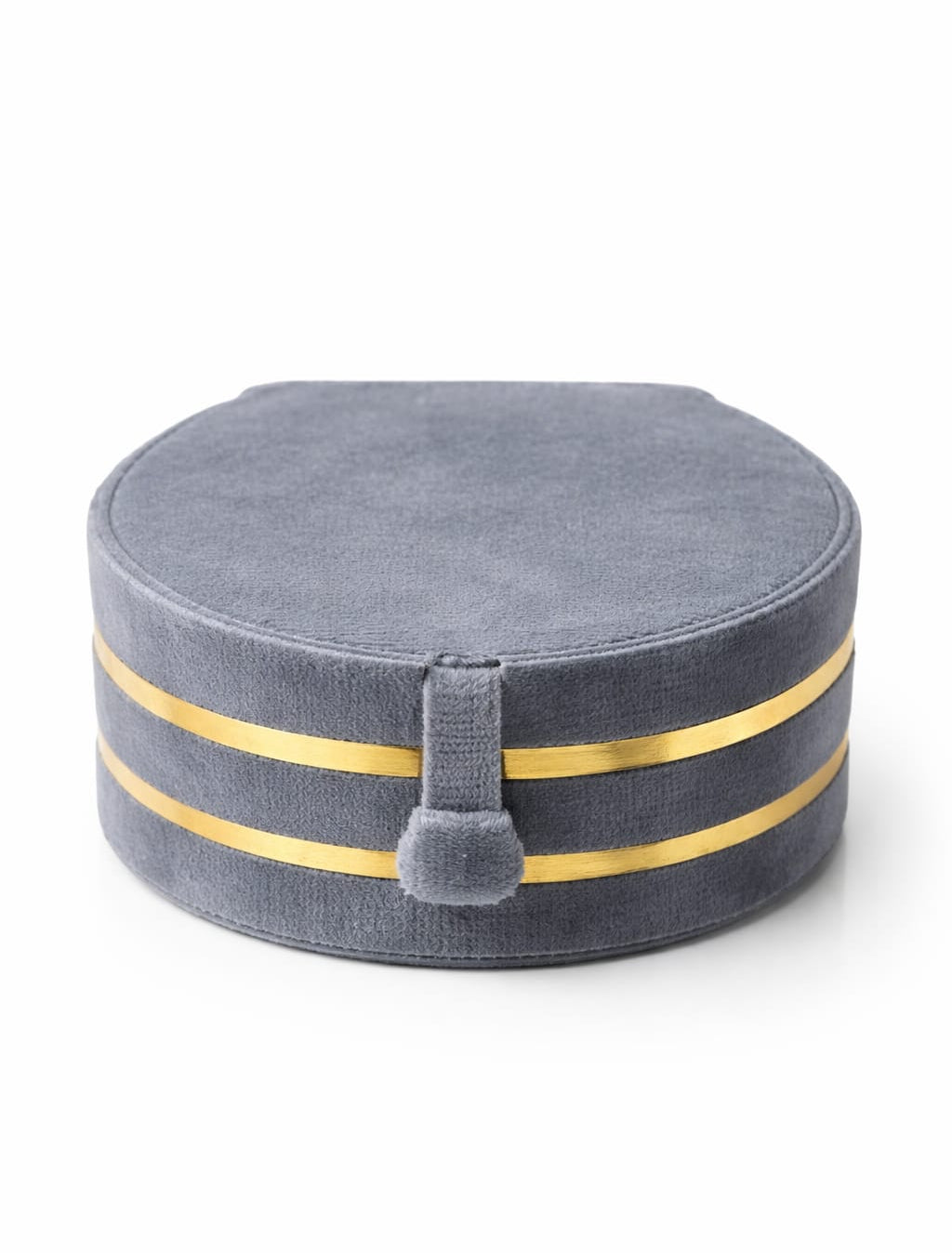 Luxury Velvet Round Jewellery Organizer Box with Gold Detailing – Travel Storage Case (Grey)
